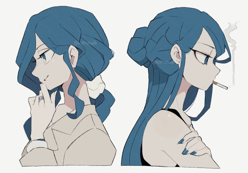 2girls, blue_eyes, blue_hair, braid, cigarette, closed_mouth, commentary_request, cropped_torso, from_side, hair_bun, hand_on_own_chin, hand_up, jacket, jewelry, kiirono, limited_palette, long_hair, low_ponytail, multiple_girls, nail_polish, parted_lips, ponytail, profile, rina_(toshi_densetsu_kaitai_center), ring, shimizu_eiko, simple_background, single_hair_bun, smoke, smoking, toshi_densetsu_kaitai_center, upper_body, white_background