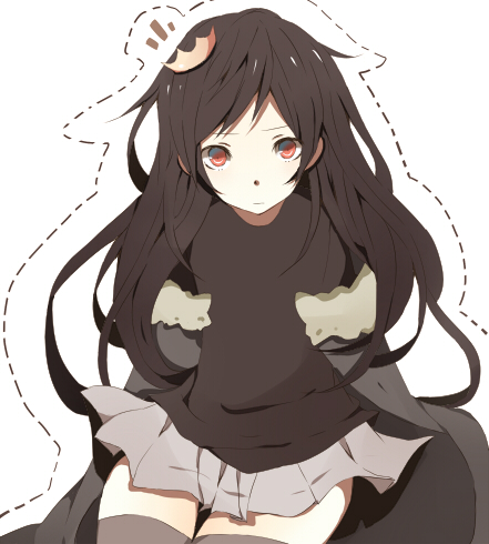 1girl, ^^^, black_hair, coat, crown, dotted_line, durarara!!, female_focus, genderswap, genderswap_(mtf), grey_skirt, long_hair, lowres, miniskirt, naniiro, orihara_izaya, outline, pleated_skirt, red_eyes, simple_background, sitting, skirt, solo, thighhighs, white_background, zettai_ryouiki