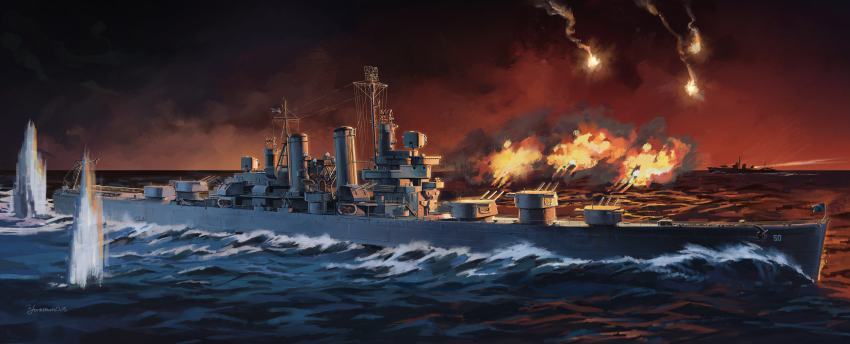 absurdres, amatsukaze_(ship), battle, cruiser, firing, flare, highres, military_vehicle