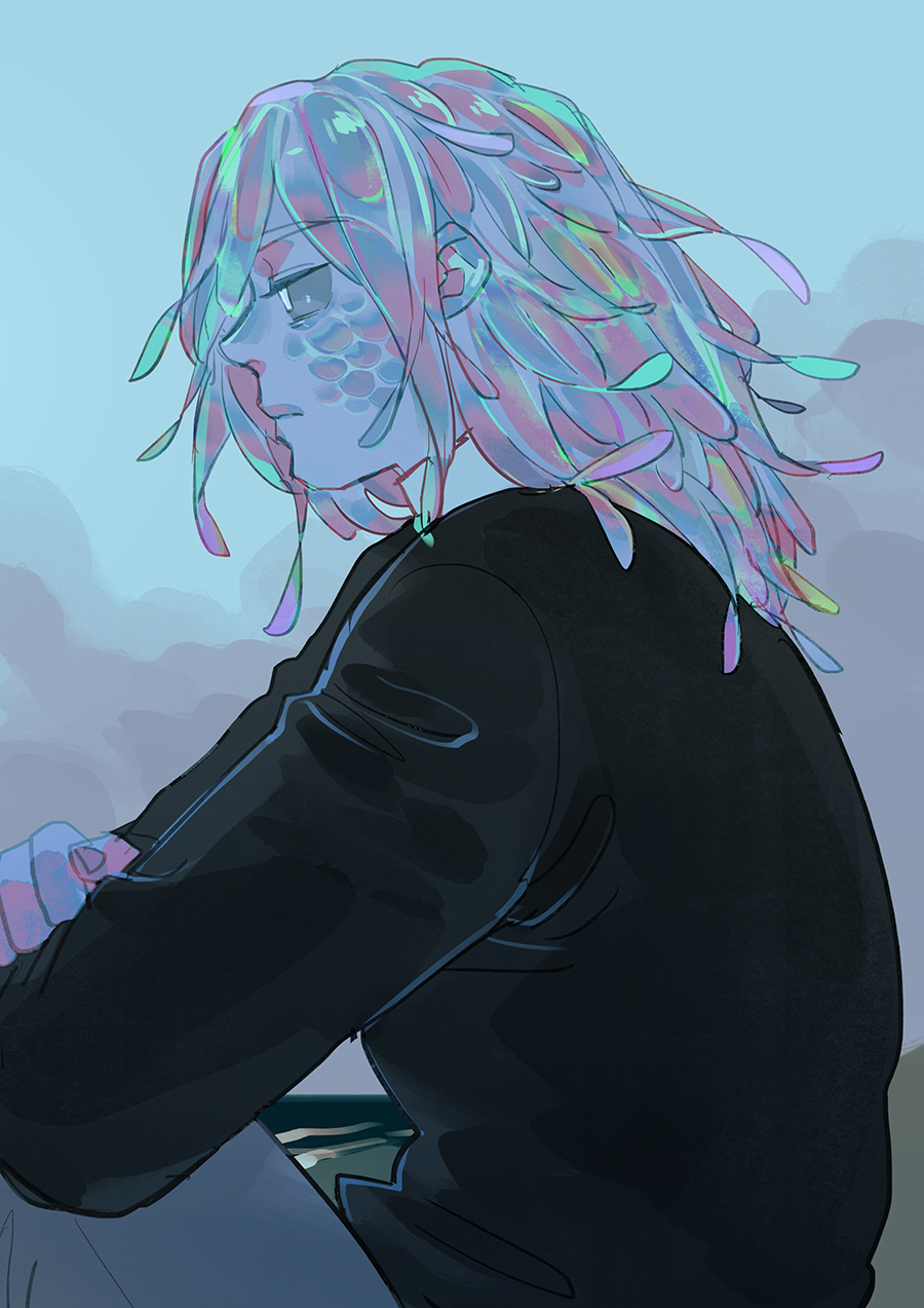 1boy, blue_scales, blue_skin, colored_sclera, colored_skin, feather_hair, fish_boy, from_side