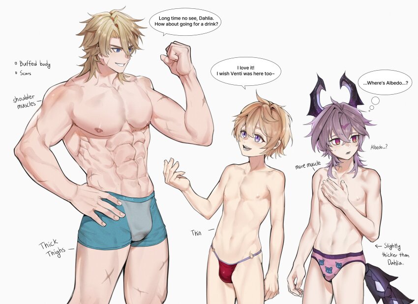 3boys, abs, absurdres, aqua_male_underwear, bana_gameg, bikini, blonde_hair, blue_eyes