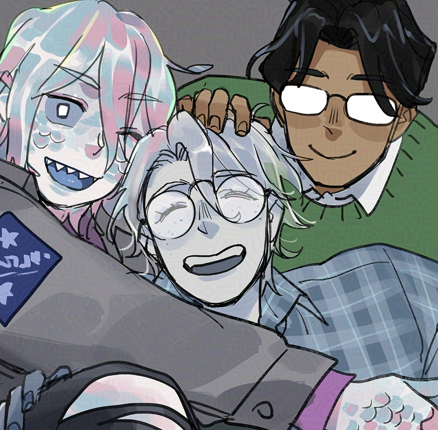 3boys, black_hair, blue_scales, blue_tongue, closed_mouth, colored_sclera, colored_skin, colored_tongue, dark-skinned_female, dark-skinned_male, dark_skin, edward_hargrieve, fish_boy, freckles, glasses, grey_hair, iridescent, iridescent_hair, iridescent_skin, lachlann_(sframboob), male_focus, monster_boy, multiple_boys, one_eye_closed, open_mouth, original, oskar_(sframboob), sframboob, sharp_teeth, short_hair, siren_(mythology), sketch, smile, sweater, teeth, white_eyes, white_skin