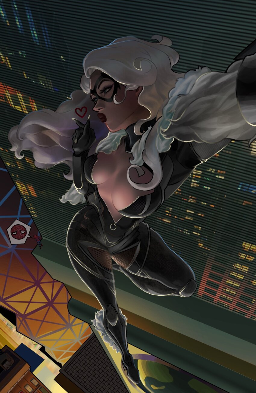 1boy, 1girl, black_bodysuit, black_cat_(marvel), bodysuit, breasts, choker, cleavage, domino_mask, eye_mask, felicia_hardy, fur-trimmed_bodysuit, fur_trim, gilded_mascaraline, gloves, highres, large_breasts, long_hair, marvel, mask, smile, spider-man, spider-man_(original_suit), spider-man_(series), white_hair