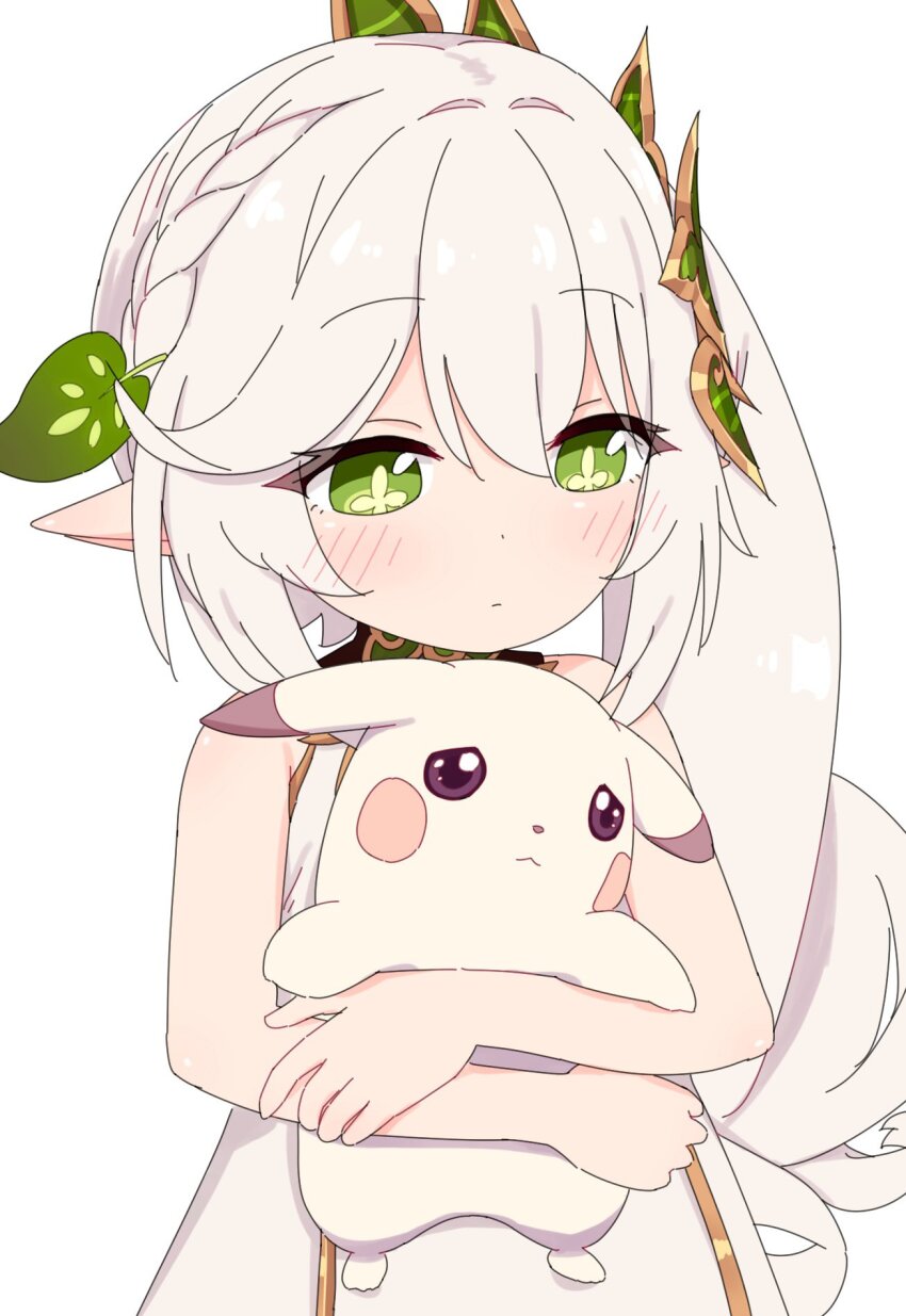 1girl, azbchan1221, bare_shoulders, blush, closed_mouth, commentary_request, cross-shaped_pupils, dress