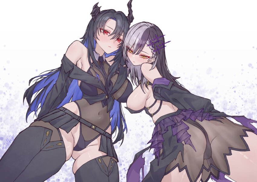 2girls, ass, asymmetrical_horns, bare_shoulders, black_hair, black_horns, black_leotard, black_skirt