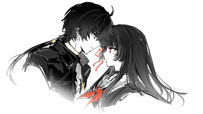 1boy, 1girl, akiko54124, black_hair, black_serafuku, chisa_(wuthering_waves), commentary_request, from_side, highres, long_hair, looking_at_another, male_rover_(wuthering_waves), red_eyes, rover_(wuthering_waves), sailor_collar, school_uniform, serafuku, simple_background, upper_body, white_background, wuthering_waves, yellow_eyes