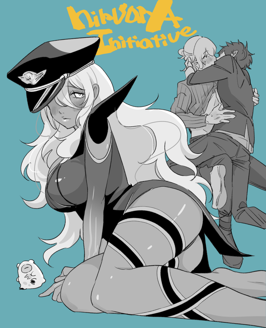 1girl, 2boys, absurdres, ai_the_somnium_files, ai_the_somnium_files:_nirvana_initiative, aiba_(ai_the_somnium_files), blue_background, blush