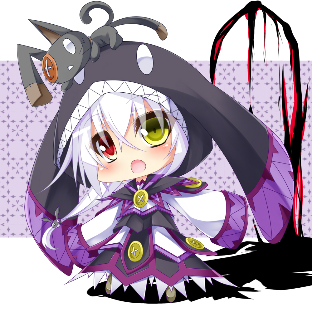 1girl, blush, chibi, dress, female_focus, hair_ornament, hairpin, heterochromia