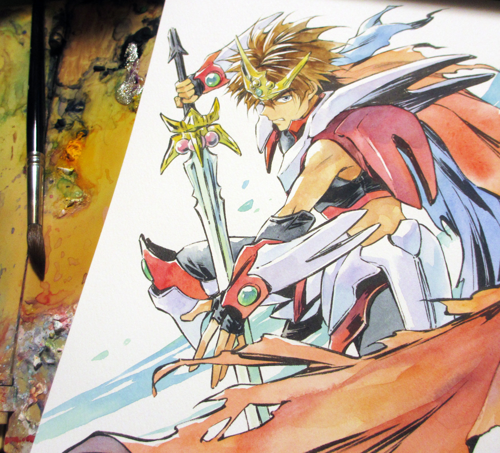 1boy, agahari, armor, art_brush, art_tools_in_frame, black_gloves, black_pants, black_shirt