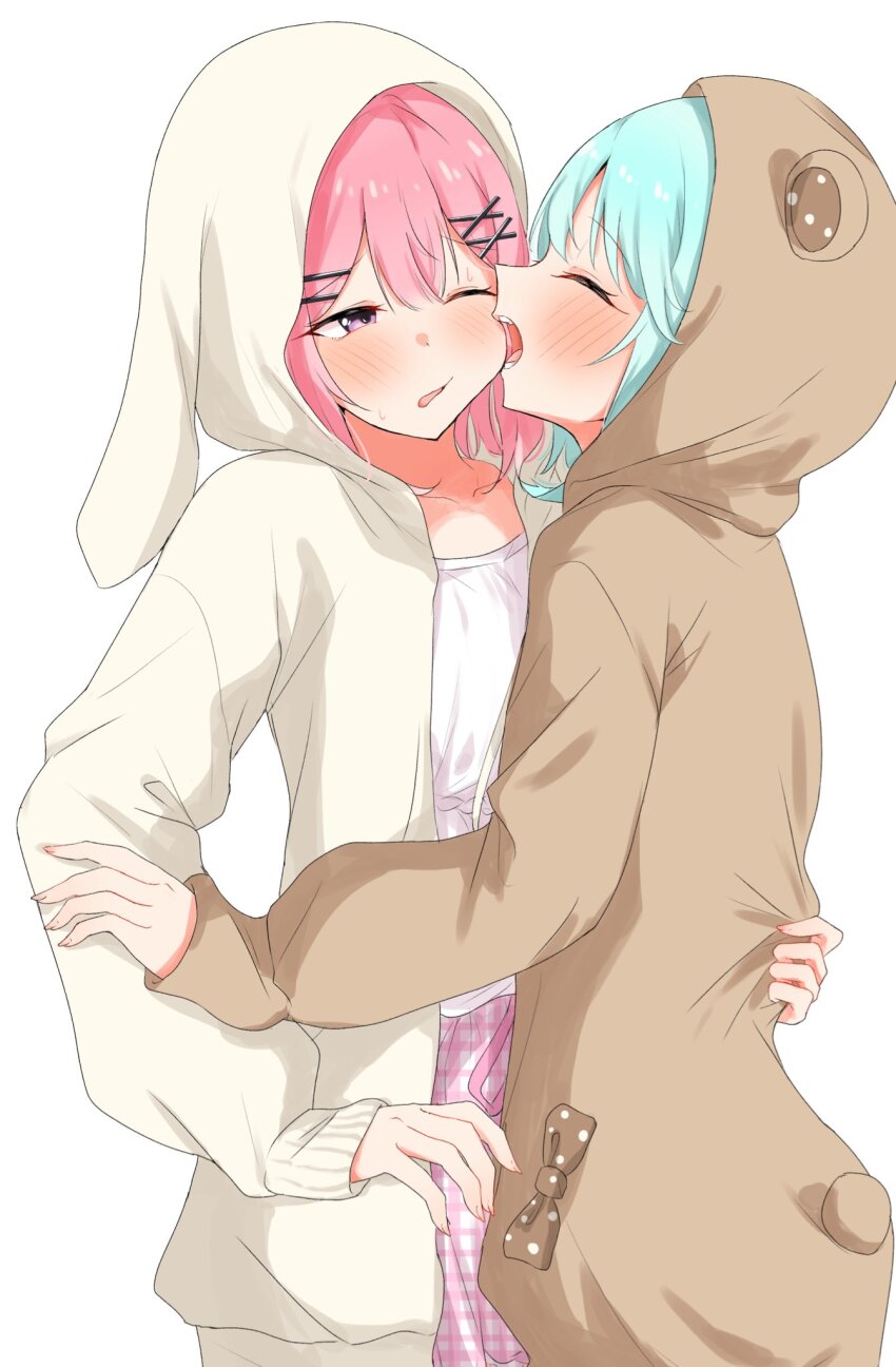 2girls, amaori_renako, animal_costume, bear_costume, biting, biting_cheek, blue_hair, blush