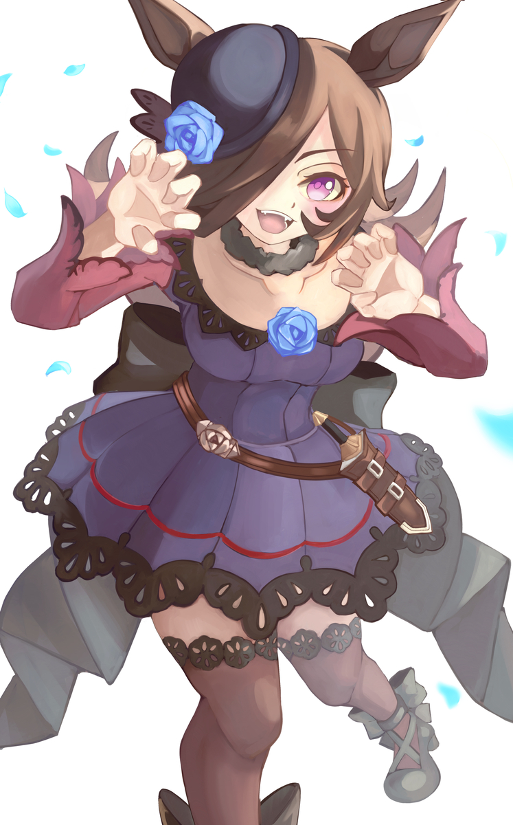 1girl, animal_ears, blue_flower, blue_hat, blue_rose, blush, bow, brown_hair