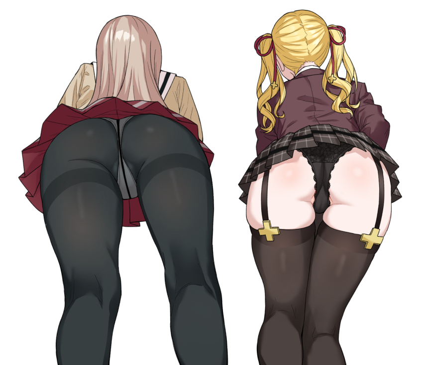2girls, ass, black_panties, black_pantyhose, black_thighhighs, blonde_hair, cameltoe, from_behind, from_below, furen_e_lustario, furen_e_lustario_(school_uniform), furuno_(furuno132nw), garter_straps, highres, hoshikawa_sara, hoshikawa_sara_(4th_costume), kneepits, lace, lace_panties, legs, lingerie, long_hair, multiple_girls, nijisanji, panties, panties_under_pantyhose, pantyhose, pleated_skirt, school_uniform, skirt, thighhighs, twintails, underwear, upskirt, virtual_youtuber