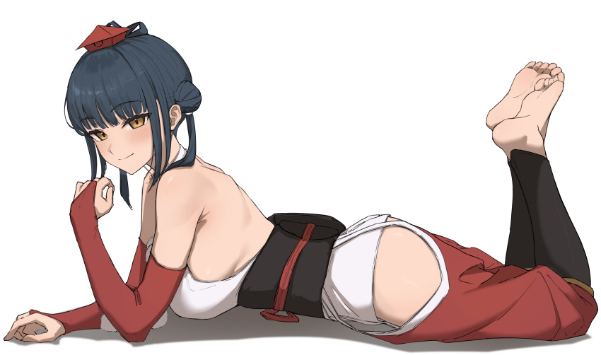 1girl, absurdres, barefoot, black_hair, blush, breasts, bridal_gauntlets, clothing_cutout