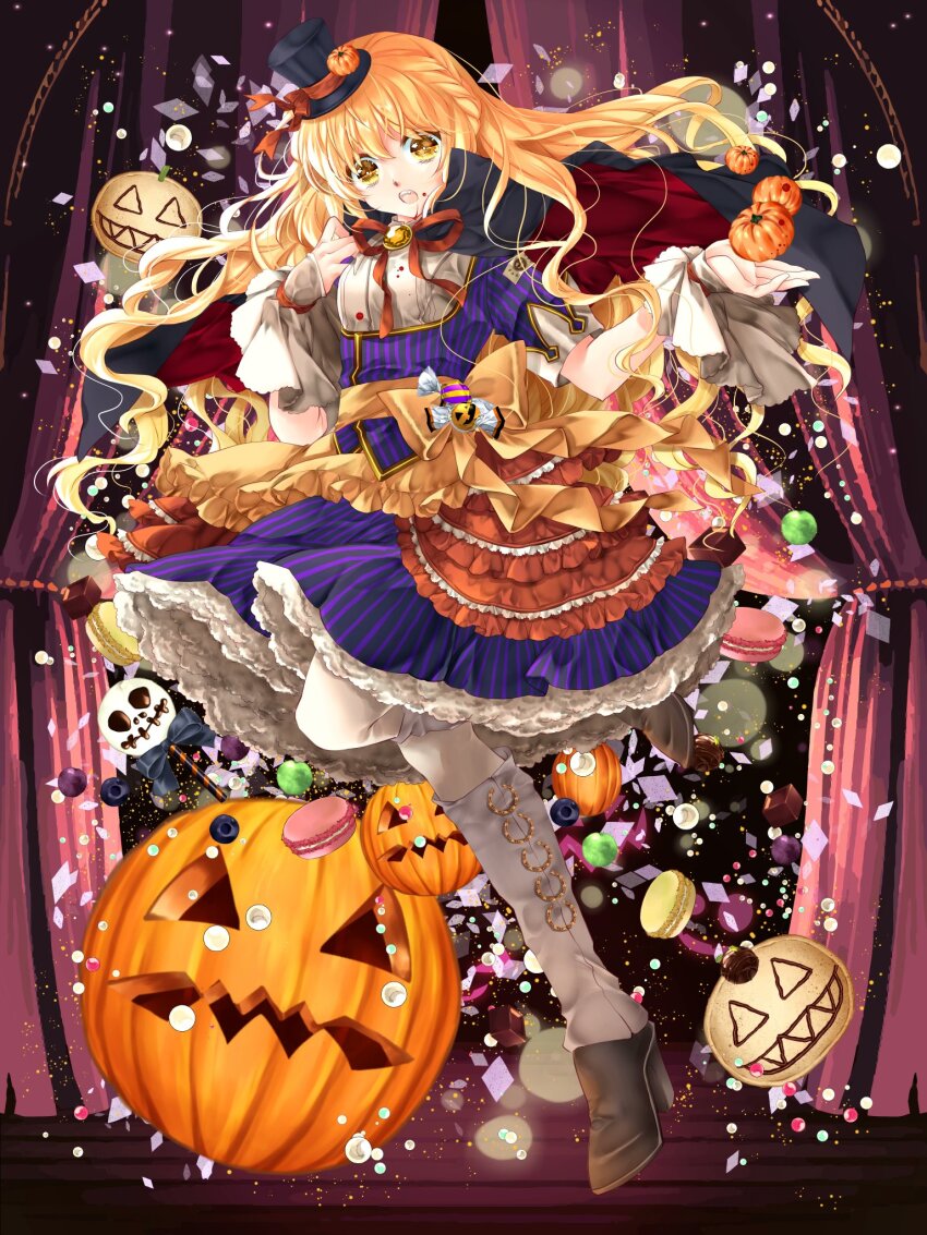 1girl, alpaca_connect, apron, black_cape, black_dress, black_hat, block_heels, blonde_hair