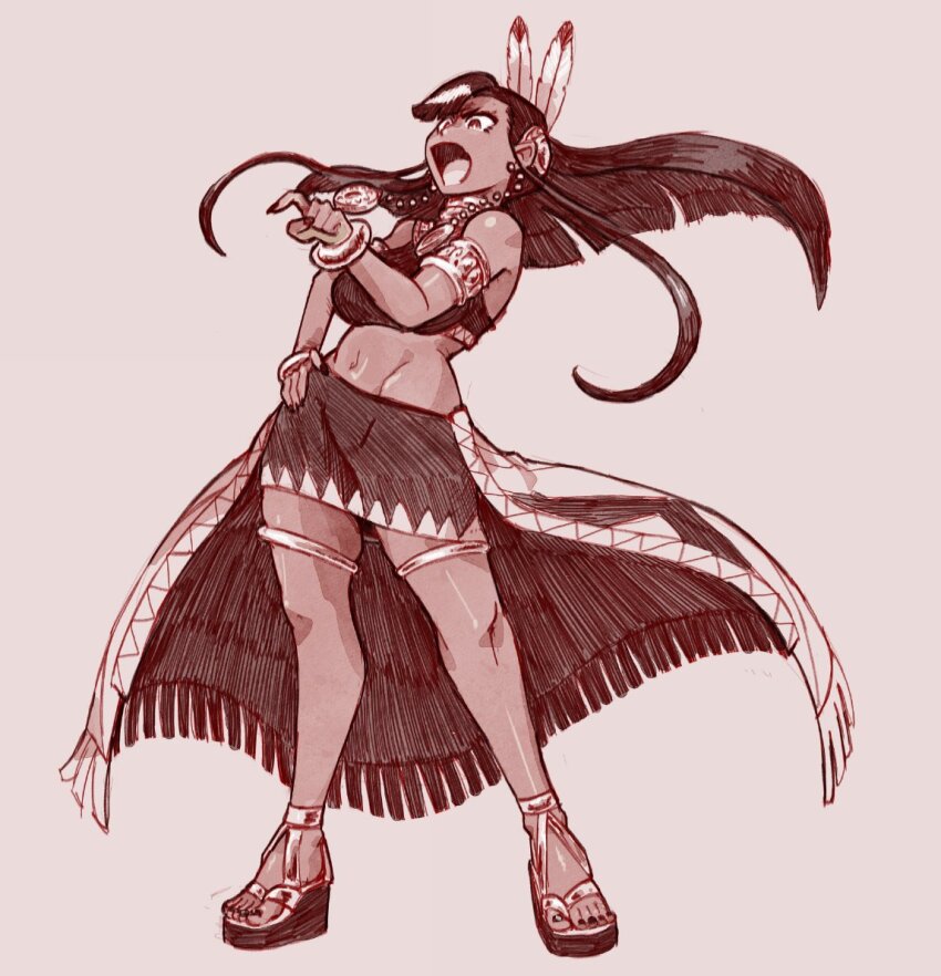 1girl, 2025, angry, armlet, bare_legs, black_hair, black_nails, black_shirt, black_skirt, bracelet, breasts, commentary, contrapposto, crop_top, dark-skinned_female, dark_skin, english_commentary, feather_hair_ornament, feet, female_focus, floating_hair, full_body, gold_trim, groin, hair_ornament, hand_on_own_hip, index_finger_raised, jewelry, large_breasts, legs_apart, long_hair, metstli, midriff, mixed-language_commentary, nail_polish, native_american, navel, open_mouth, platform_heels, sega, sepia, serious, shirt, simple_background, skirt, solo, sonic_(series), sonic_and_the_blade_of_courage, standing, straight_hair, strappy_heels, thekkm, thighlet, thighs, toenail_polish, toenails, toes, waist_cape