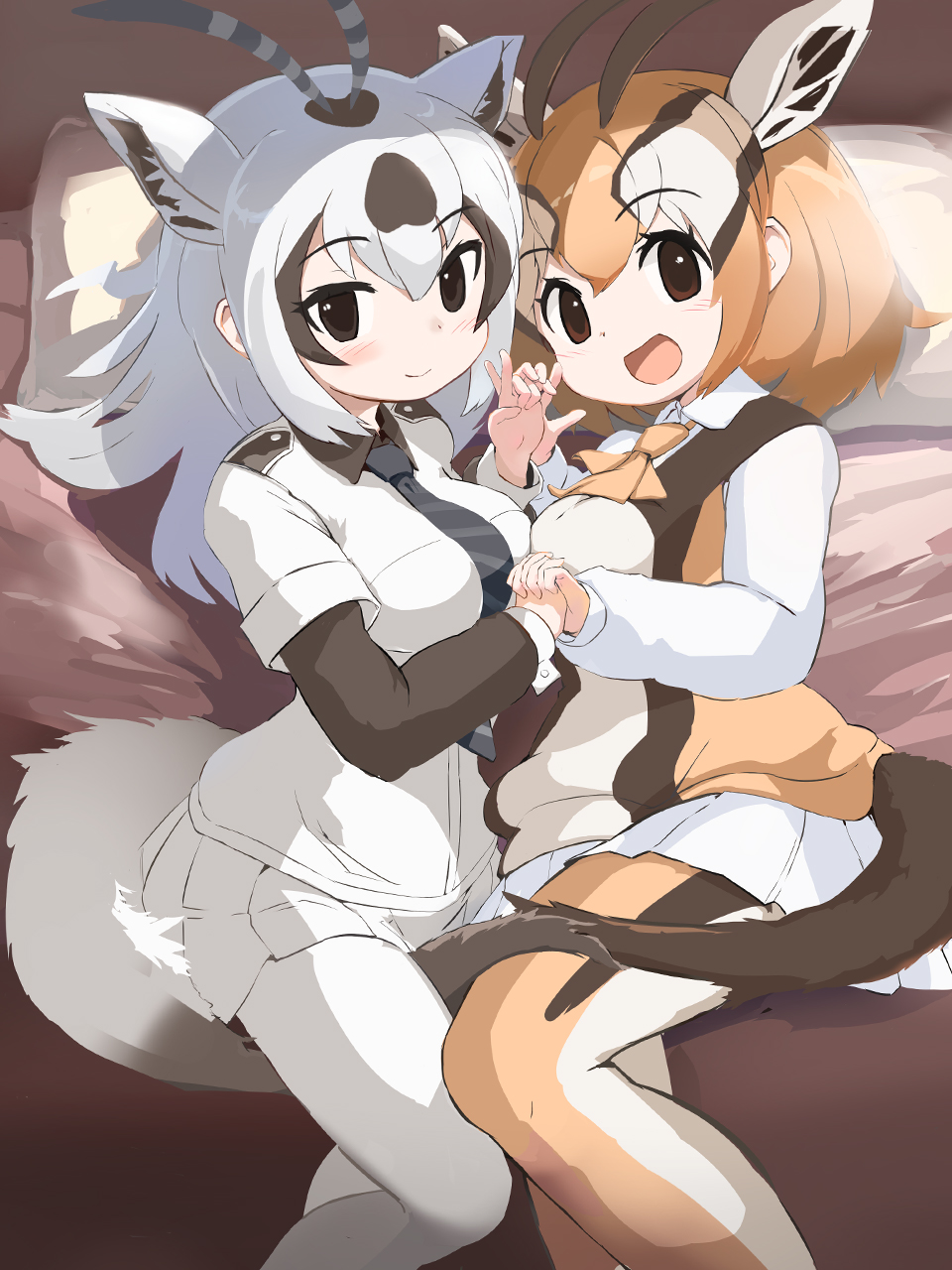 2girls, animal_ears, arabian_oryx_(kemono_friends), black_necktie, blush, brown_eyes, brown_hair, brown_pantyhose