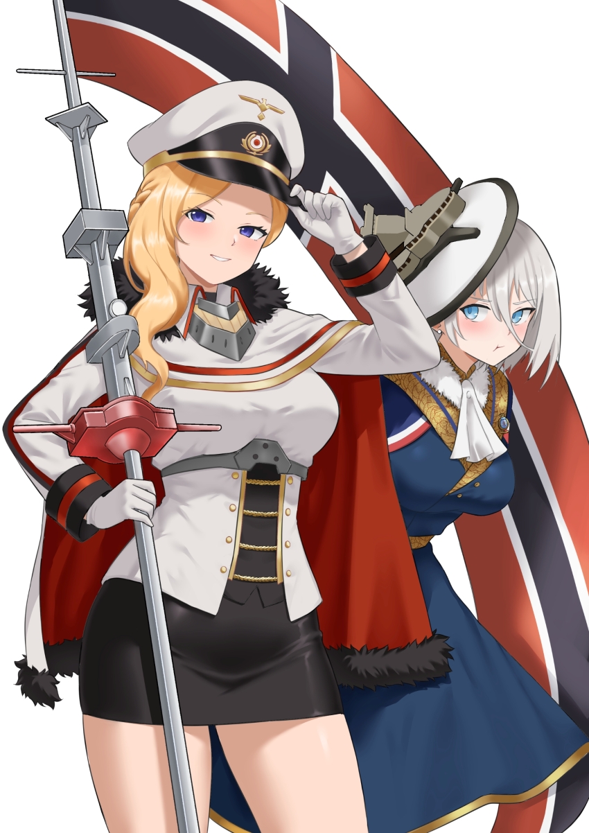2girls, :t, absurdres, ascot, azur_lane, black_skirt, blonde_hair, blue_capelet