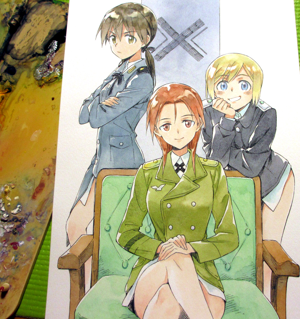 3girls, agahari, black_bow, black_jacket, blonde_hair, blue_eyes, bow, brown_eyes