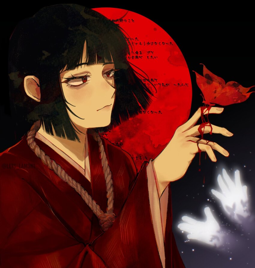 1girl, black_hair, blood, blood_on_hands, blunt_bangs, bob_cut, bug, butterfly
