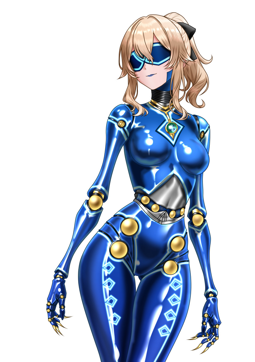 1girl, absurdres, alternate_costume, arms_at_sides, blindfold, blonde_hair, breasts, commentary_request