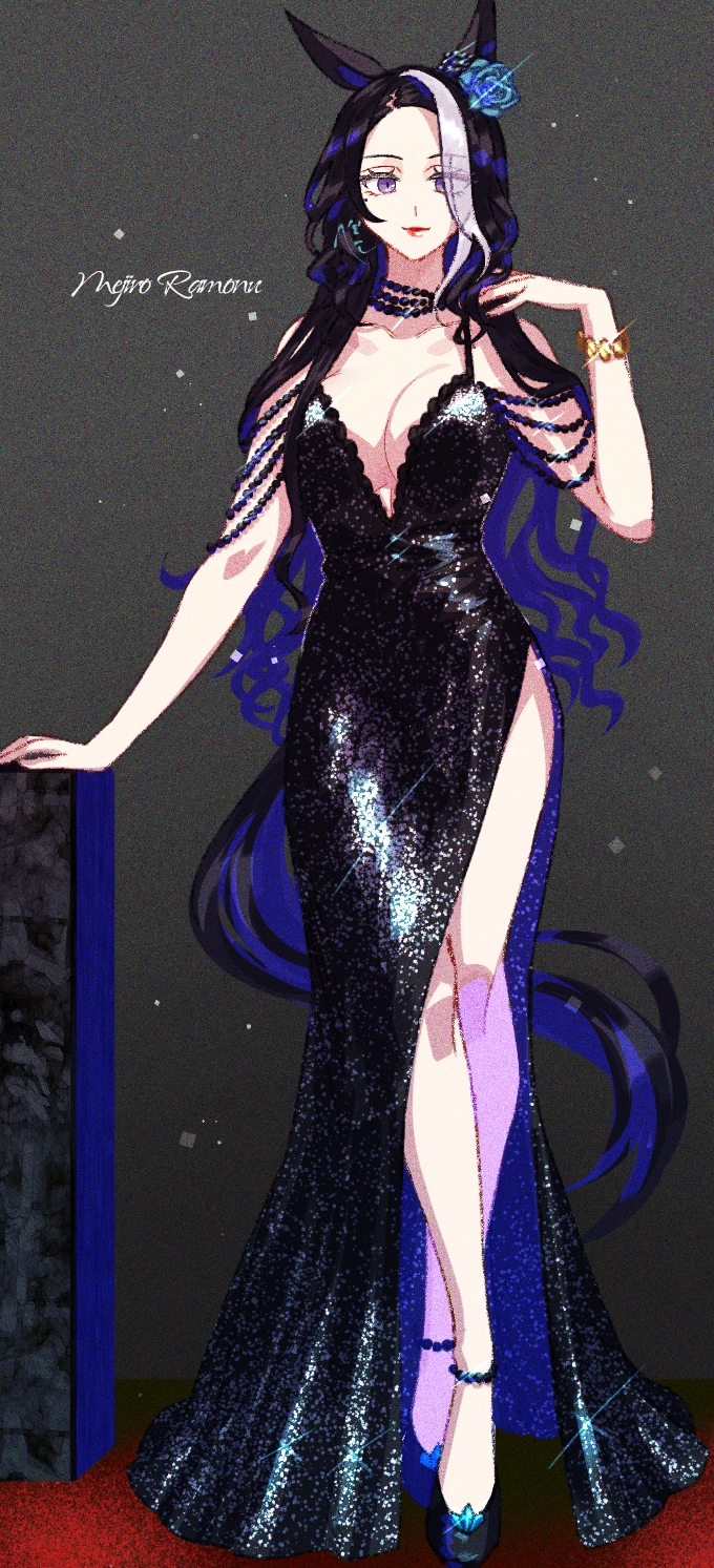 1girl, alternate_costume, alternate_hairstyle, animal_ears, bare_shoulders, black_choker, black_dress, black_hair