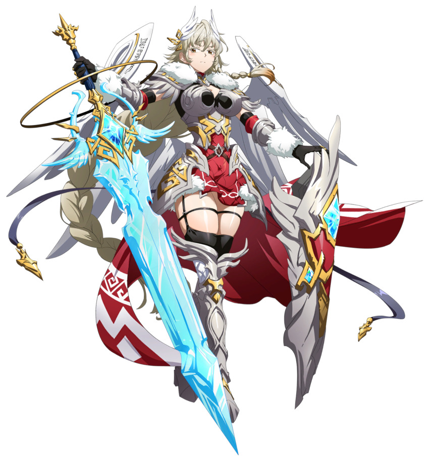 1girl, absurdly_long_hair, armor, armored_boots, armored_collar, black_dress, black_garter_straps, black_gloves, black_thighhighs, blonde_hair, boobplate, boots, bracer, braid, braided_sidelock, breastplate, breasts, cape, cleavage, cleavage_cutout, closed_mouth, clothing_cutout, crystal_sword, dress, elbow_gloves, faulds, feather_hair_ornament, feathers, floating_cape, floating_clothes, floating_hair, full_body, fur-trimmed_armor, fur-trimmed_bracer, fur-trimmed_dress, fur_trim, game_cg, garter_straps, gloves, glowing, glowing_weapon, gold_trim, grenshiel_(langrisser), hair_between_eyes, hair_ornament, high_heel_boots, high_heels, highres, holding, holding_shield, holding_weapon, huge_weapon, knight, langrisser, langrisser_mobile, large_breasts, long_hair, long_single_sidelock, looking_at_viewer, mechanical_wings, messy_hair, multicolored_dress, official_art, pauldrons, red_cape, red_dress, second-party_source, serious, shield, short_dress, shoulder_armor, simple_background, single_braid, single_sidelock, solo, standing, strap, sword, tachi-e, thighhighs, transparent_background, very_long_hair, waist_cape, weapon, white_feathers, white_wings, wing_hair_ornament, wings, yellow_eyes, zettai_ryouiki