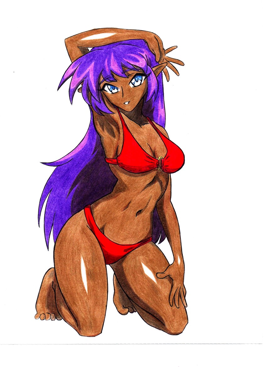 absurdres, bikini, blue_eyes, blues_jagat, dark-skinned_female, dark_skin, highres, looking_at_viewer, non-web_source, purple_hair, red_bikini, shantae, shantae_(series), solo, swimsuit, traditional_media, white_background
