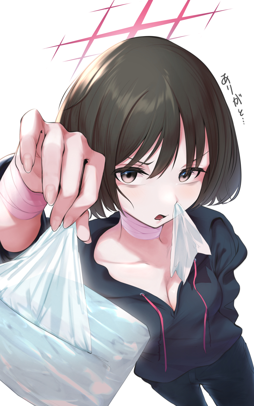 1girl, absurdres, alternate_costume, arm_up, bags_under_eyes, bandaged_arm, bandaged_neck, bandages