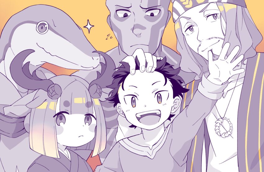 1girl, 3boys, antlers, blush_stickers, child, hand_on_another's_head, hiain_(re:zero), highres