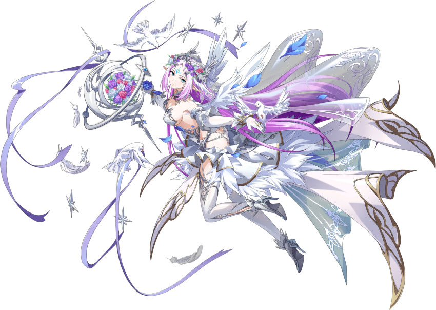 1girl, angel_wings, animal, animal_on_hand, aqua_eyes, ass, bare_shoulders, bird, bird_on_hand, blue_flower, blue_petals, blue_rose, bouquet, breasts, bridal_lingerie, bridal_veil, butt_crack, circlet, cleavage, closed_mouth, clothes_lift, collar, come_hither, detached_collar, detached_sleeves, dove, dress, earrings, elbow_gloves, elf, facial_mark, falling_feathers, falling_petals, feather-trimmed_skirt, feather_trim, feathers, floating, floating_clothes, floating_hair, floating_object, flower, forehead_mark, from_side, full_body, game_cg, garter_belt, garter_straps, gloves, gold_trim, hair_flower, hair_ornament, high_heels, highres, holding, holding_flower, jewelry, langrisser, langrisser_mobile, leg_up, lingerie, long_hair, looking_at_viewer, medium_breasts, multicolored_hair, nontraditional_wedding_dress, official_alternate_costume, official_art, outstretched_arms, panties, parted_bangs, petals, pink_hair, pointy_ears, purple_flower, purple_hair, purple_ribbon, purple_rose, red_flower, red_rose, revealing_clothes, ribbon, rose, second-party_source, shiny_skin, shoes, simple_background, skirt, skirt_lift, slit_pupils, smile, solo, standing, sylrna_(langrisser), tachi-e, thighhighs, transparent_background, underwear, veil, very_long_hair, very_long_veil, wedding_dress, white_collar, white_flower, white_garter_straps, white_gloves, white_panties, white_rose, white_shoes, white_skirt, white_sleeves, white_thighhighs, white_wings, wings, zettai_ryouiki