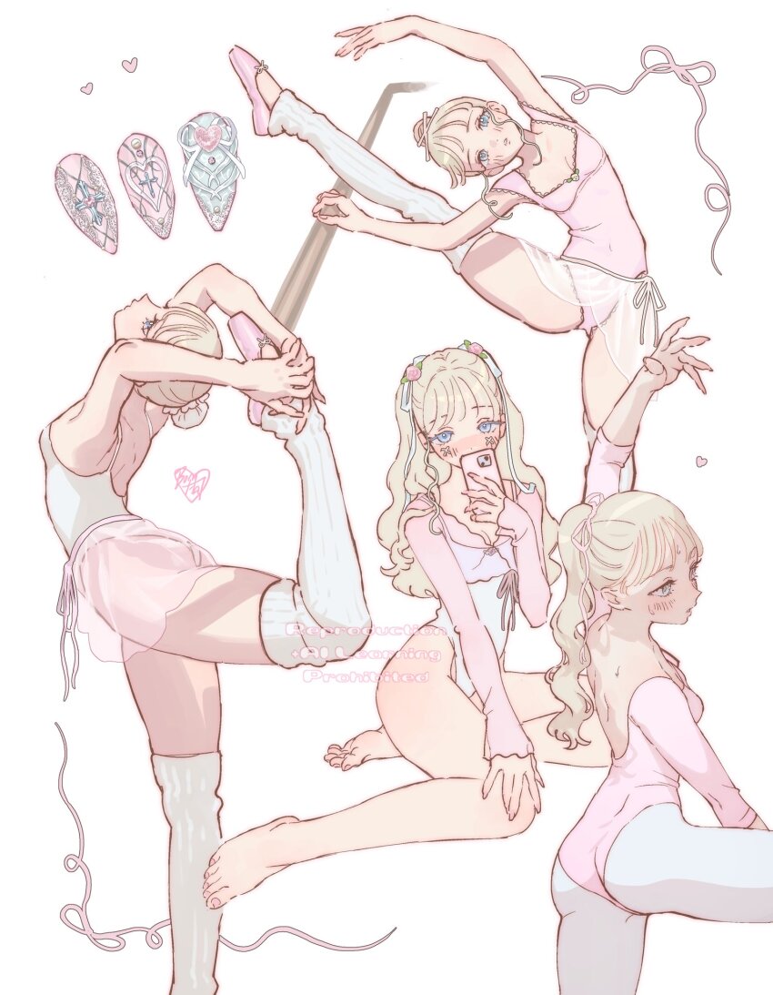 1girl, armpits, ass, ass_blush, athletic_leotard, attitude_derriere, ballerina, ballet, ballet_slippers, bare_shoulders, barefoot, blonde_hair, blush, bomhat, bow, breasts, bun_cover, cellphone, choppy_bangs, collarbone, commentary, covering_own_mouth, fingernails, flexible, from_side, full_body, hair_bun, hand_on_own_leg, heart, highres, holding, holding_own_leg, holding_phone, leg_hold, leg_up, leg_warmers, legs, leotard, long_hair, long_sleeves, looking_at_viewer, multiple_views, nail_art, nail_polish, open_mouth, original, pantyhose, phone, pink_leotard, pink_nails, pink_shoes, pink_skirt, plantar_flexion, see-through_clothes, see-through_skirt, shoes, simple_background, sitting, skirt, small_breasts, smartphone, standing, standing_on_one_leg, straight-on, untranslatable_commentary, thighs, toenail_polish, toenails, white_background, white_leotard, white_pantyhose, white_skirt, yokozuwari
