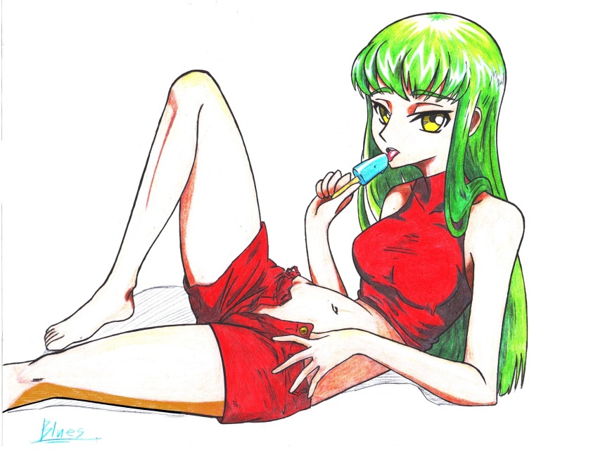 absurdres, blues_jagat, c.c., code_geass, green_hair, highres, looking_at_viewer, traditional_media