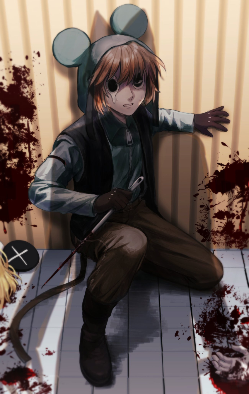 3boys, animal_hat, black_eyes, black_vest, blood, blood_on_ground, blood_on_wall, bloody_weapon