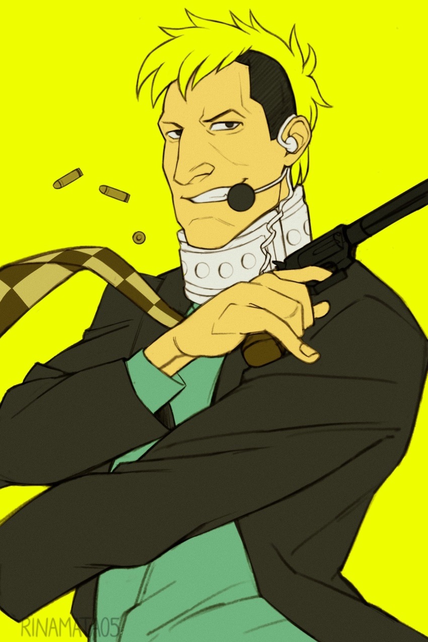 1boy, ace_attorney, ace_attorney_investigations, ace_attorney_investigations_2:_prosecutor's_gambit, black_hair, black_jacket, blonde_hair, bronco_knight, green_shirt, grin, gun, headset, highres, holding, holding_gun, holding_weapon, jacket, karina_mata, long_sleeves, male_focus, mohawk, multicolored_hair, neck_brace, scarf, shell_casing, shirt, simple_background, smile, solo, two-tone_hair, weapon, yellow_background