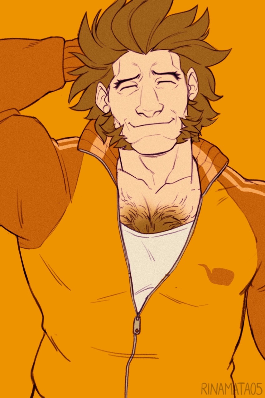 1boy, ace_attorney, arm_behind_head, arm_up, artist_name, brown_hair, chest_hair, closed_eyes, facing_viewer, highres, jacket, karina_mata, male_focus, orange_background, orange_jacket, shirt, smile, solo, upper_body, white_shirt, will_powers, zipper
