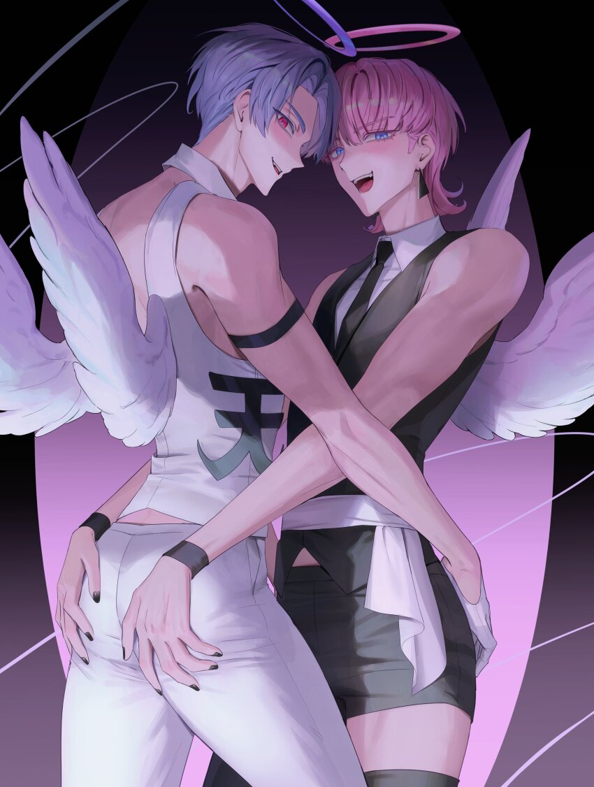 2boys, absurdres, back_cutout, black_nails, black_necktie, blue_eyes, blunt_bangs, brothers, clothing_cutout, cowboy_shot, earrings, gloves, haem_yang, halo, hand_on_another's_ass, highres, jewelry, looking_at_viewer, male_focus, multiple_boys, necktie, open_mouth, panty_&amp;_stocking_with_garterbelt, pink_hair, pink_halo, polyester_(psg), polyurethane_(psg), purple_halo, red_eyes, short_shorts, shorts, siblings, sleeveless, teeth, thighhighs, white_gloves, wings, zettai_ryouiki