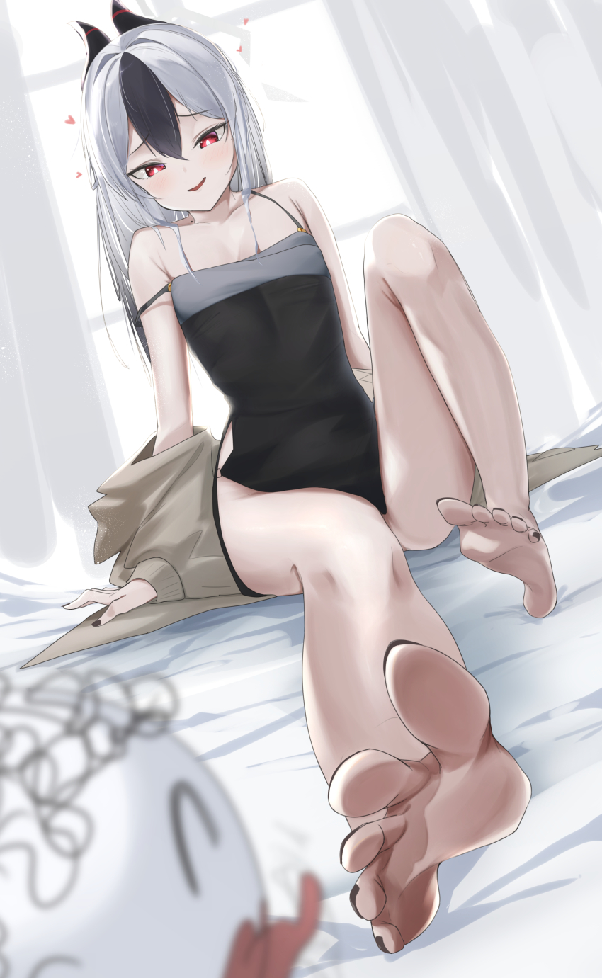 1boy, 1girl, :d, absurdres, arm_at_side, armpit_crease, bare_legs, barefoot, black_dress, black_hair, black_horns, black_nails, blue_archive, blurry, blush, breasts, bright_pupils, collarbone, commentary, demon_girl, demon_horns, depth_of_field, doodle_sensei_(blue_archive), double-parted_bangs, dress, dutch_angle, eyelashes, feet, foot_focus, foreshortening, full_body, furrowed_brow, grey_hair, grey_halo, hair_between_eyes, hair_intakes, halo, heart, hetero, highres, horns, imminent_licking, indoors, kayoko_(blue_archive), kayoko_(dress)_(blue_archive), knee_up, koutannkoburia, long_hair, looking_at_another, looking_down, mole, mole_on_neck, nail_polish, naughty_face, official_alternate_costume, official_alternate_hairstyle, on_bed, open_mouth, outstretched_leg, red_eyes, sensei_(blue_archive), short_dress, side_slit, sitting, sleeveless, sleeveless_dress, small_breasts, smile, soles, solo_focus, spread_toes, straight_hair, strap_slip, thighs, toenail_polish, toenails, toes, tongue, tongue_out, tsurime, white_pupils, window