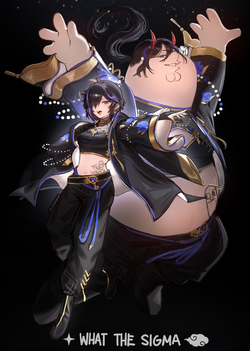 1boy, 1girl, absurdres, ayase_yuu, ayase_yuu_(2nd_costume), black_hair, blue_eyes, cleft_chin