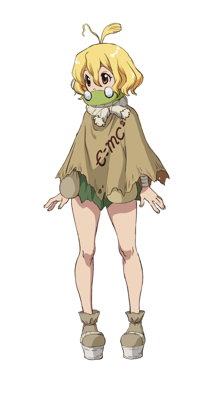 1girl, :d, ahoge, antenna_hair, bandages, blonde_hair, brown_eyes, cloak