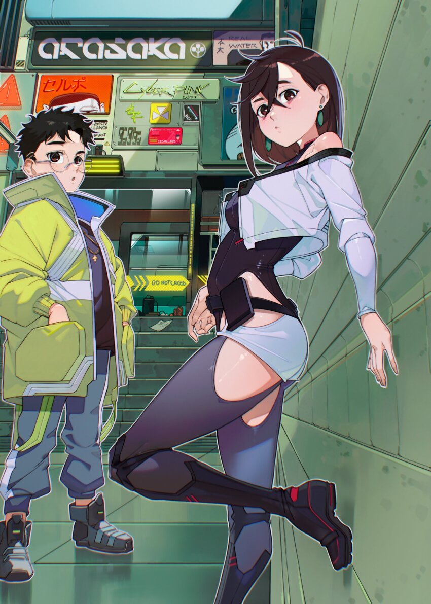 1boy, 1girl, :<, :o, against_wall, artist_name, ayase_momo, black_boots