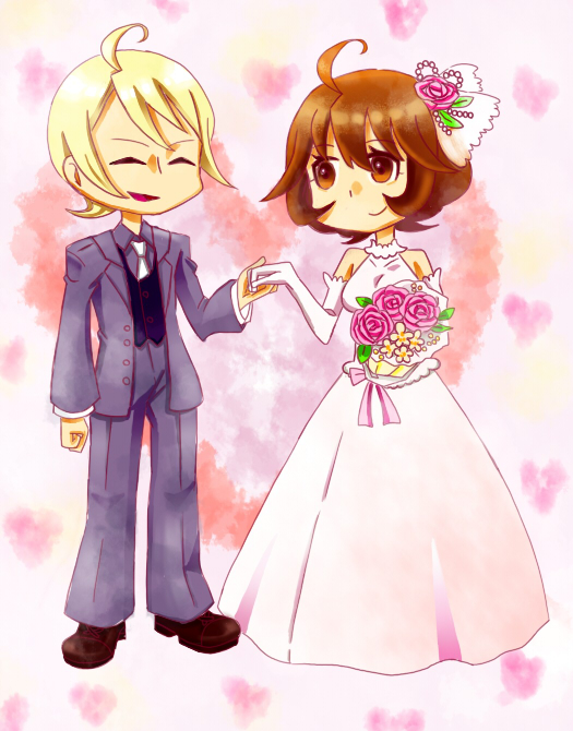 1boy, 1girl, ahoge, blonde_hair, bouquet, bride, brown_eyes, brown_hair, couple, dress, closed_eyes, flower, gill_(bokujou_monogatari), gloves, harvest_moon, harvest_moon_animal_parade, hetero, hikari_(bokujou_monogatari), kahoho, necktie, short_hair, wedding_dress