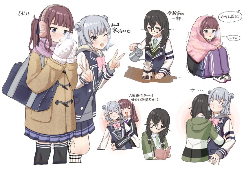 3girls, bag, black_hair, blazer, blue_jacket, blue_skirt, book, bow