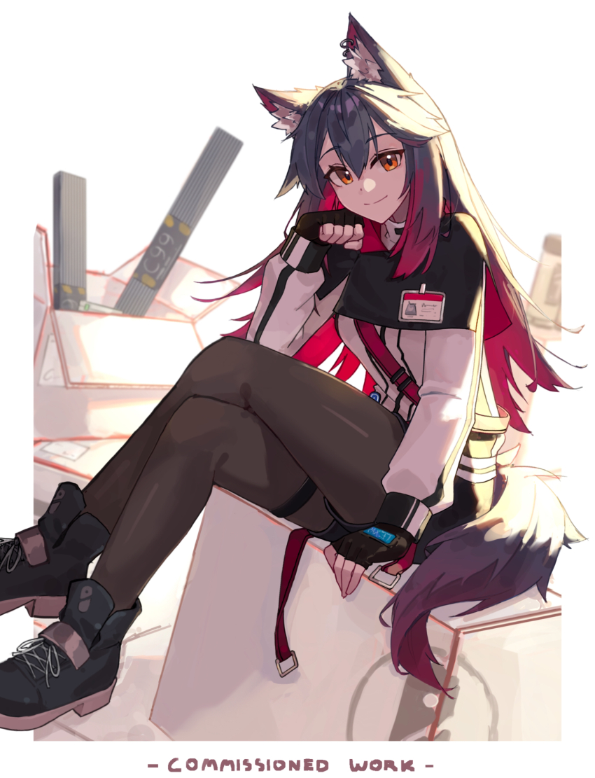 1girl, animal_ear_fluff, animal_ears, arknights, black_capelet, black_gloves, black_hair, black_pantyhose