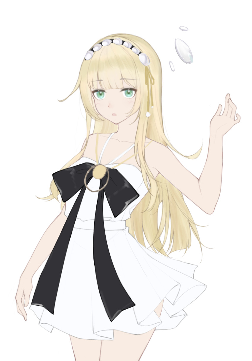 1girl, arm_up, bare_arms, bare_shoulders, black_bow, blonde_hair, blunt_bangs, bow