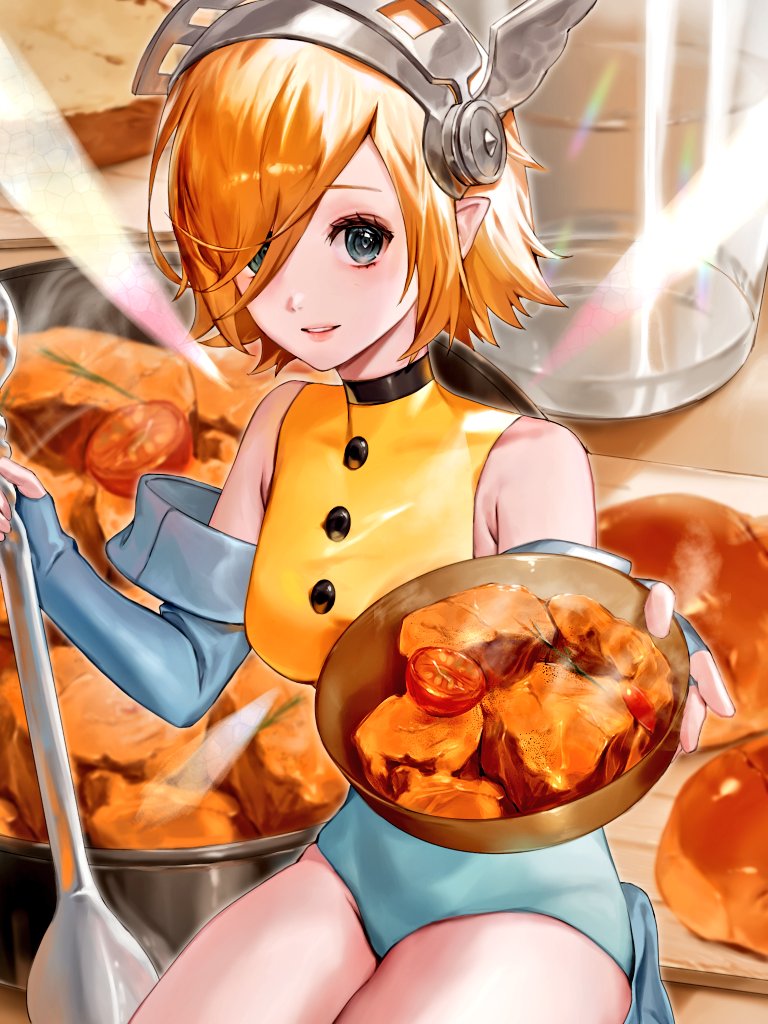 1girl, bare_shoulders, blue_eyes, breasts, buttons, commentary, cup, detached_sleeves, fairy, fairy_wings, food, gallica_(metaphor:_refantazio), grin, hair_over_one_eye, holding, holding_spoon, leotard, looking_at_viewer, medium_breasts, metaphor:_refantazio, mini_person, minigirl, orange_hair, pkkoje98bo88835, pointy_ears, reaching, reaching_towards_viewer, short_hair, sitting, sleeveless, smile, solo, spoon, untranslatable_commentary, wings