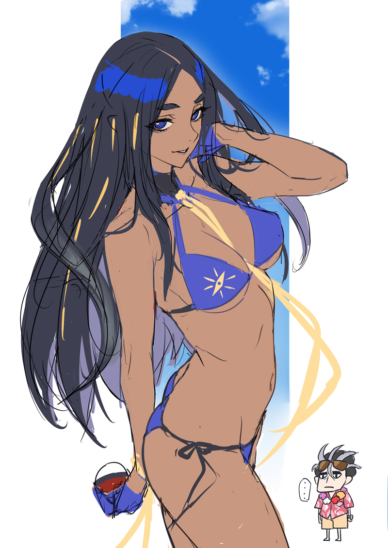 1boy, 1girl, ban!_(bansankan), bikini, black_hair, blue_gloves, breasts, dark-skinned_female, dark_skin, eyelashes, geeta_(pokemon), gloves, larry_(pokemon), larry_(special_costume)_(pokemon), nintendo, pokemon, pokemon_masters_ex, pokemon_scarlet_and_violet, ribbon, sketch, swimsuit, yellow_ribbon