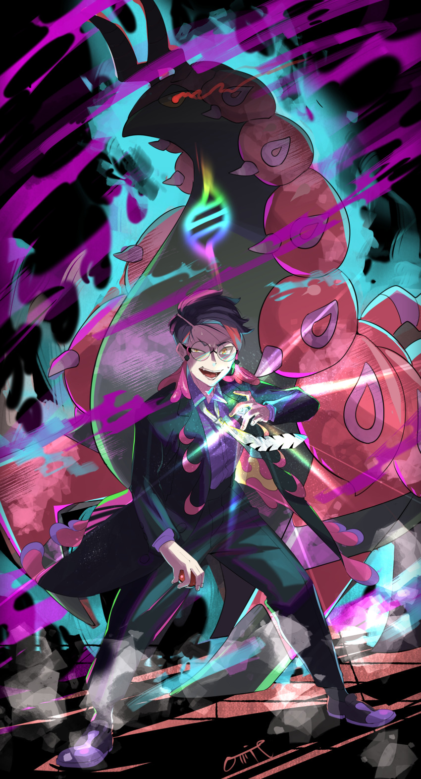 1boy, absurdres, black-framed_eyewear, black_coat, black_hair, black_pants, coat, collared_shirt, commentary_request, corbeau_(pokemon), gen_5_pokemon, glasses, half-closed_eye, hand_up, highres, holding, holding_poke_ball, male_focus, mega_evolution, mega_scolipede, necktie, nintendo, o-mit, open_clothes, open_coat, open_mouth, pants, poke_ball, poke_ball_(basic), pokemon, pokemon_(creature), pokemon_legends:_z-a, purple_shirt, purple_shoes, round_eyewear, scolipede, shirt, shoes, short_hair, sweat, teeth, tongue, white_necktie, yellow_eyes
