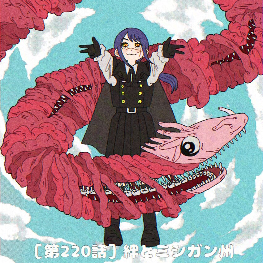 1girl, black_cape, black_dress, black_gloves, blue_sky, cape, chainsaw_man, closed_mouth