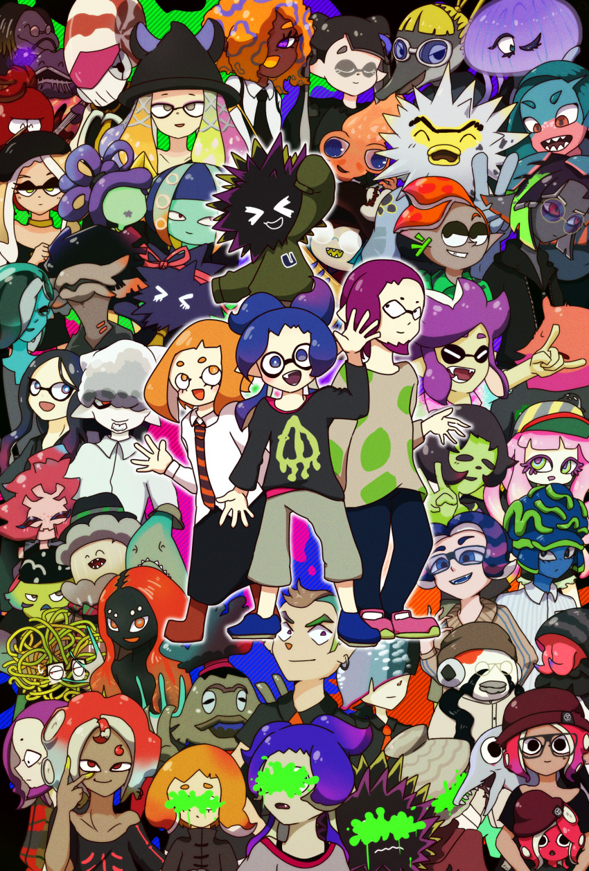 004clam_(splatoon), 6+boys, 6+girls, aqua_hair, aqua_skin, baker_(splatoon), bertie_feeder_(splatoon), black_hair, black_hat, black_necktie, black_shirt, black_skin, blonde_hair, blue_eyes, blue_hair, brown_hat, candi_(splatoon), censored, censored_identity, cephalopod_eyes, choker, clash_(splatoon), closed_eyes, collared_shirt, colored_skin, cory_(splatoon), dark-skinned_female, dark_skin, domino_mask, eye_mask, finn_feeder_(splatoon), fish, glasses, gradient_hair, green_hair, grey_eyes, grey_hair, grey_shirt, hair_over_one_eye, harmony_(splatoon), hat, highres, ichiya_(splatoon), jawn_feeder_(splatoon), jellyfish, jessika_(splatoon), karen_(splatoon), karla_(splatoon), keaton_(splatoon), kiki_(splatoon), kitamura_(splatoon), kuze_(splatoon), lionel_(splatoon), looking_at_viewer, m/, martin_(splatoon), mashup_(splatoon), mask, maya_(splatoon), mizo_(splatoon), multicolored_hair, multiple_boys, multiple_girls, murasaki_(splatoon), murdoch_feeder_(splatoon), nami_(splatoon), nautilus_(animal), necktie, neil_(splatoon), nia_(splatoon), nintendo, nishida_(splatoon), octoling, omame_is_oira, oonie_(splatoon), opaque_glasses, open_mouth, orange_eyes, orange_hair, orion_(splatoon), outline, patterned_hair, paul_(splatoon), pink_hair, pointy_ears, print_shirt, profile, purple_eyes, purple_hair, quinn_(splatoon), red_eyes, red_hair, red_ribbon, ribbon, round_eyewear, ryley_(splatoon), ryu_chang_(splatoon), sea_urchin, sharp_teeth, shirt, smile, splatoon_(series), splatoon_3, striped_clothes, striped_hat, striped_necktie, suspenders, taka_(splatoon), tangle_feeder_(splatoon), tao_blu, teeth, tentacle_hair, tosh_(splatoon), v, walter_(splatoon), white_outline, white_shirt, yakko_(splatoon), yanagi_(splatoon), yoko_(splatoon), zuzu_(splatoon)