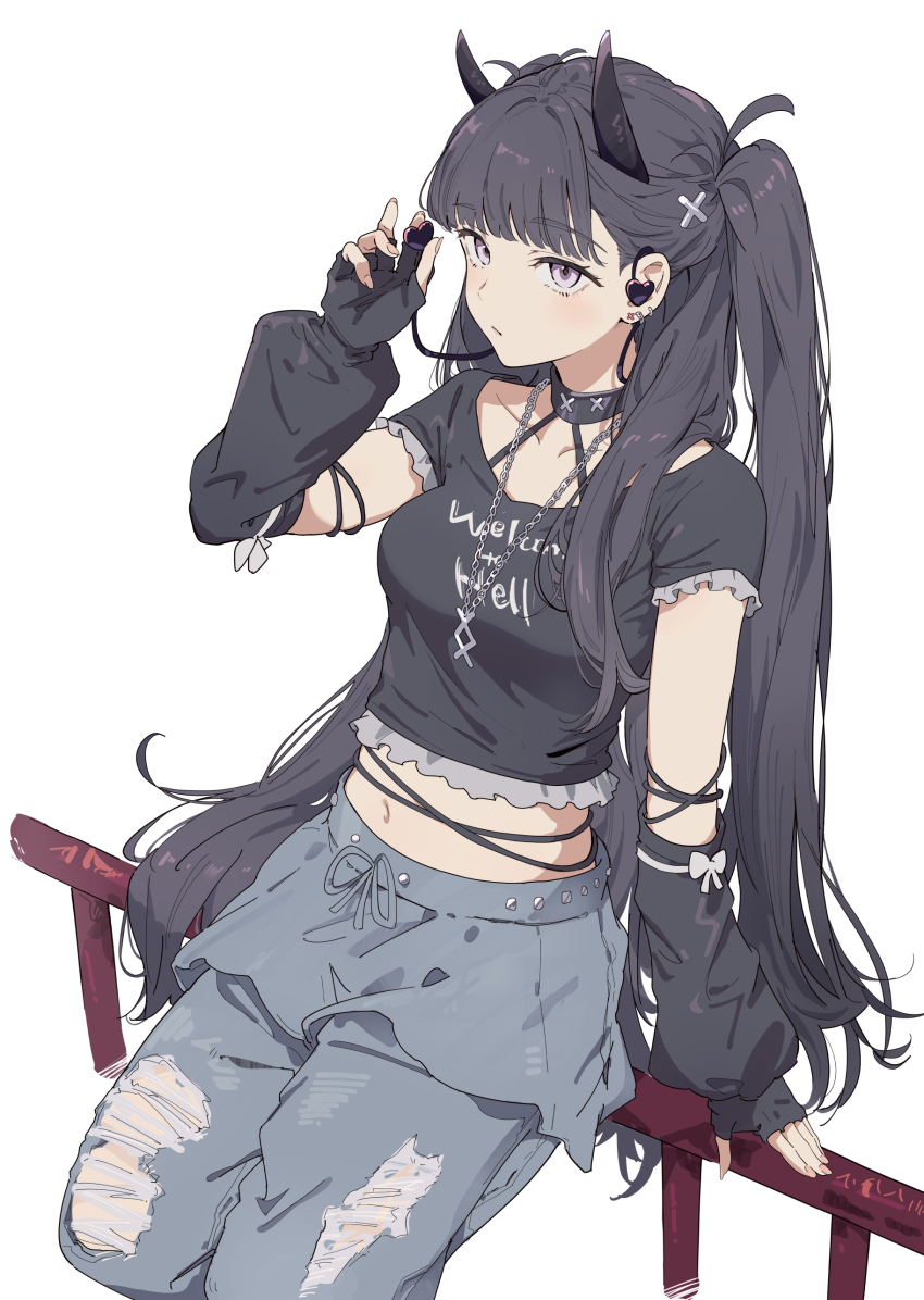 1girl, :/, absurdres, arm_support, black_choker, black_gloves, black_hair, black_horns